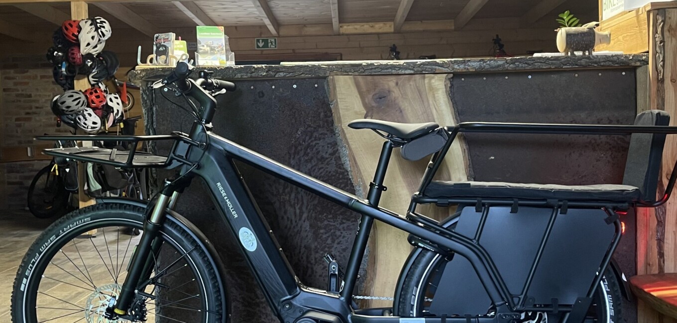 Bike Stadl Fahrradvermietung Verleih Senftenberger See Großkoschen Cargo Riese & Müller Multicharger GT Platz für 2 Kinder Lausitzer Seenland